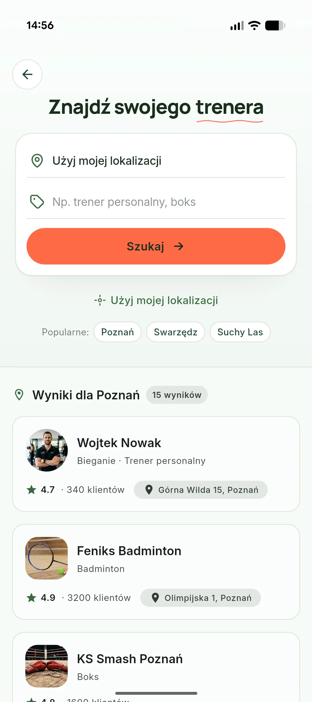 Aplikacja bePearfect na telefonie: ekran „Znajdź swojego trenera” z wyszukiwarką po lokalizacji i dyscyplinie oraz listą wyników dla Poznania z ocenami trenerów.