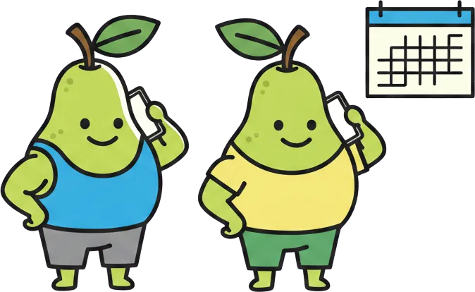 Two pears checking phones next to a calendar — booking a session