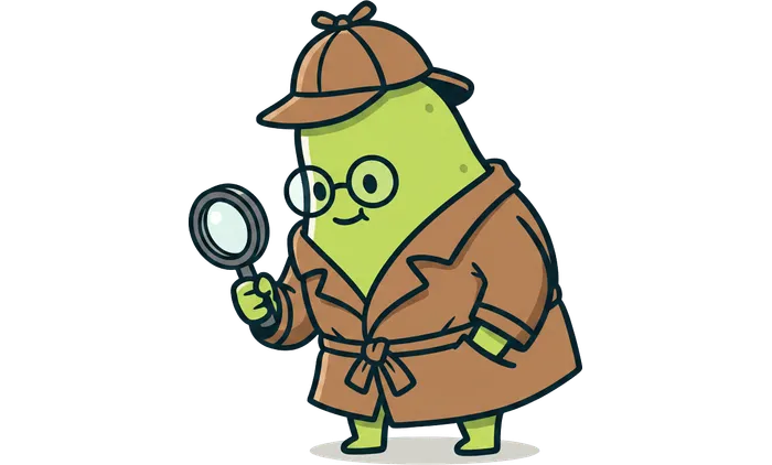 Pear in detective costume holding a magnifying glass — searching for a trainer