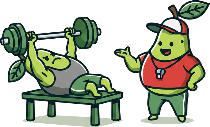 Pear bench-pressing a barbell while a coach pear watches — training session